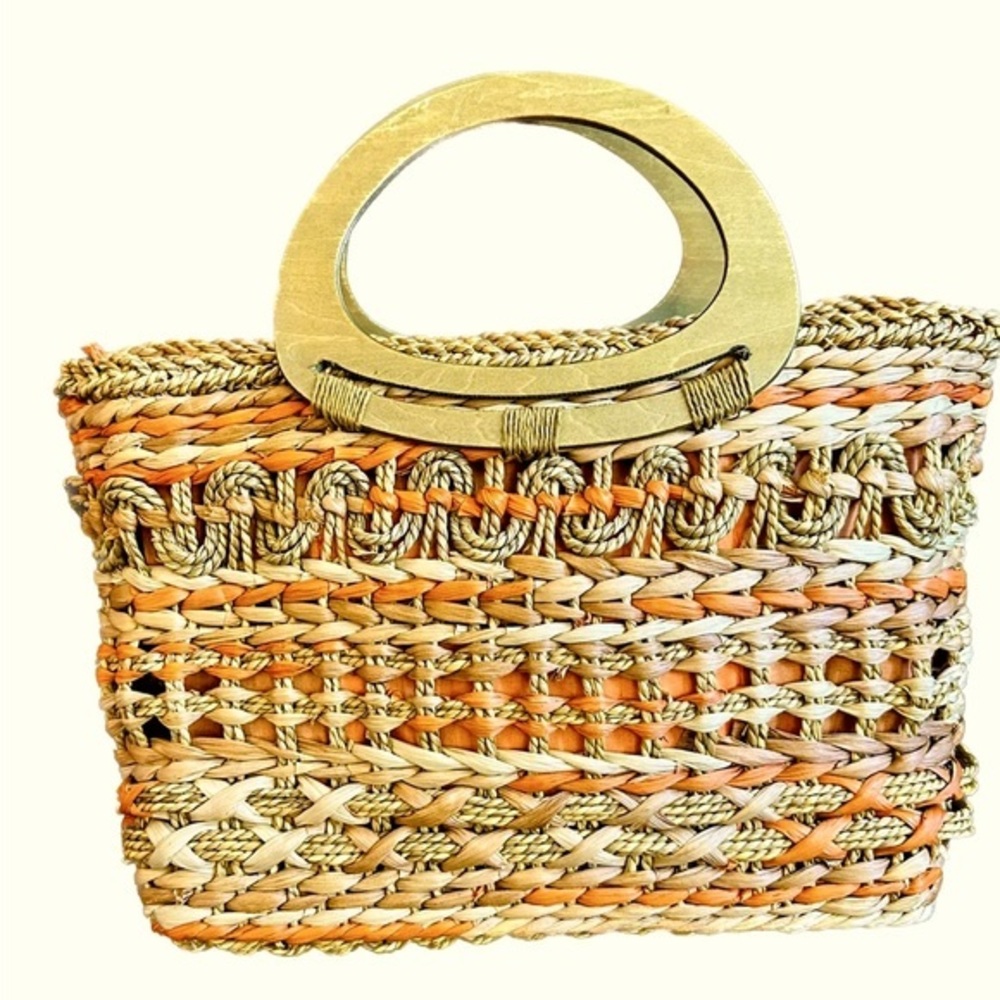Cappelli Orange Straw Woven Bag With Wooden Handles! Coastal handbag